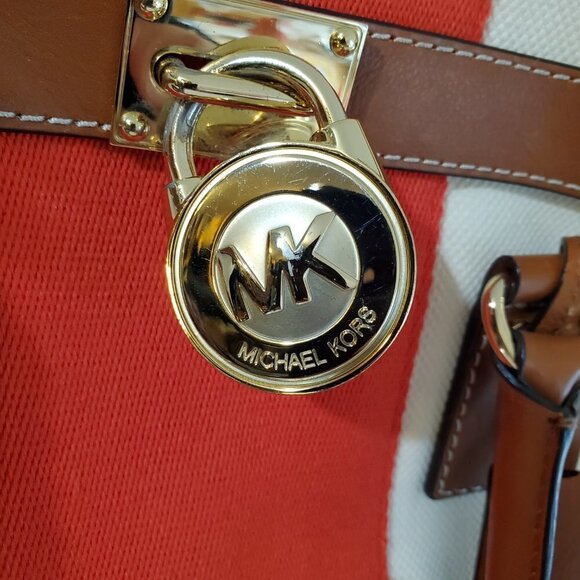 MICHAEL KORS purse Hamilton Red stripe Cream canvas/leather handbag bag 14x12x6 - Picture 2 of 13